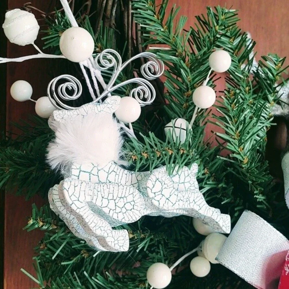 Hand Crafted Grapevine Christmas Wreath, Glitter Deer, Ribbon, Ornaments 18